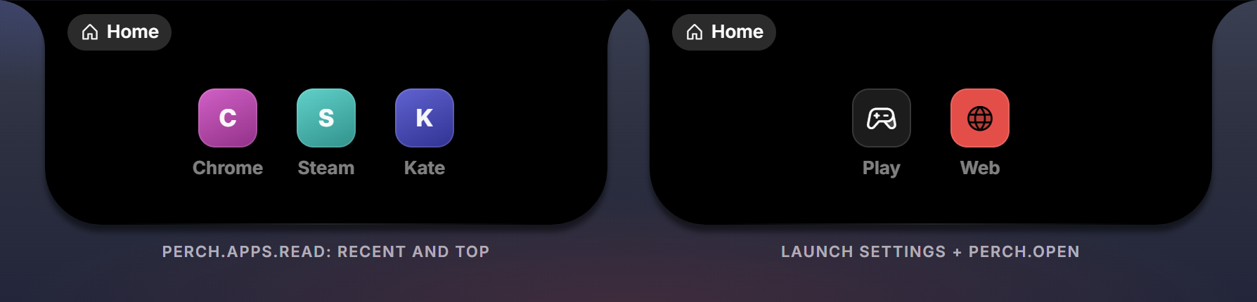 The Apps and Shortcuts cards The apps dock with recent programs, and the shortcuts dock