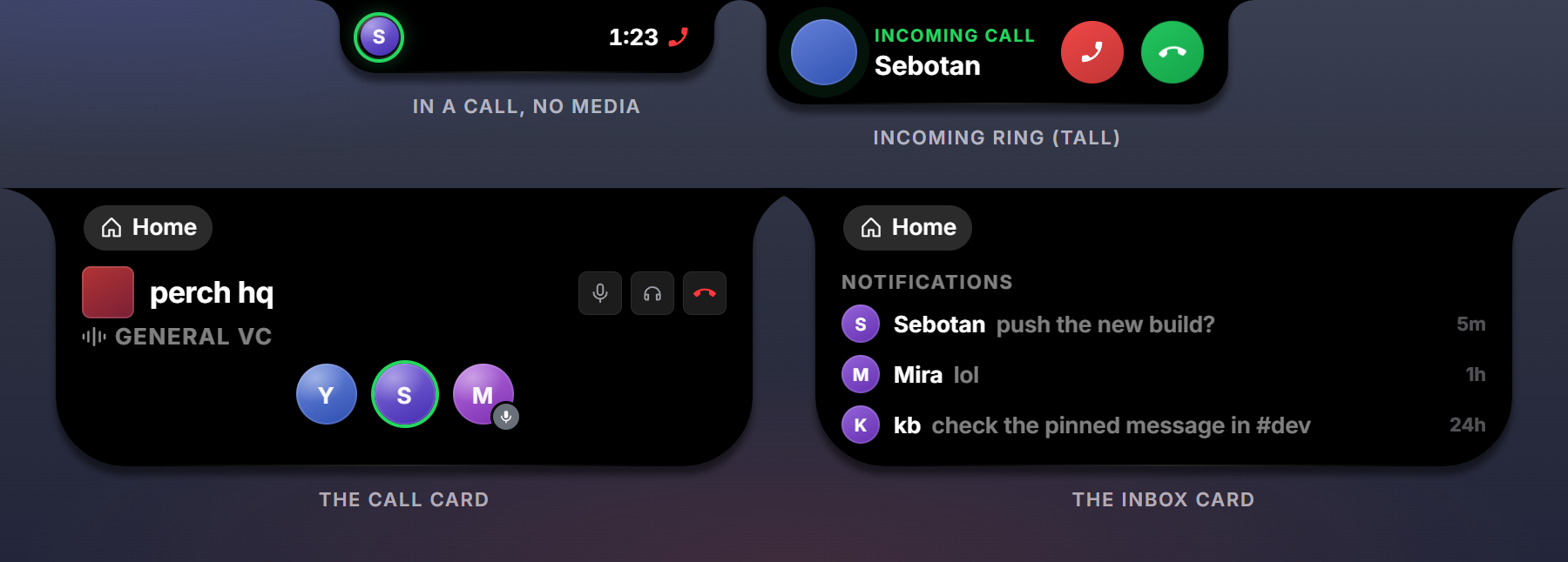The Discord call chip, the incoming-call pill, and the call and inbox cards