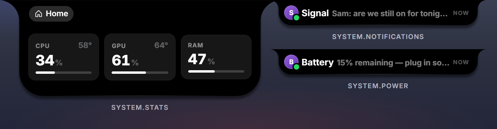 The stats card with CPU, GPU and RAM, and two HUDs: a mirrored notification and a battery note