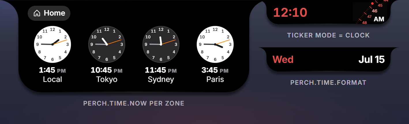 The builtin clock and date packages on top of perch.time Four analog clocks for four zones, a clock ticker with the seconds gauge, and a date pill