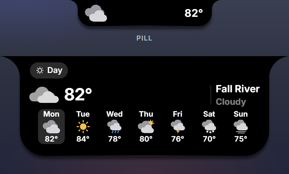 The weather pill and the weather card with a seven-day strip