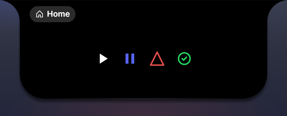 Inline shape paths with fill, stroke, width, cap and join Four inline shapes: play, pause, a triangle outline, a check in a circle