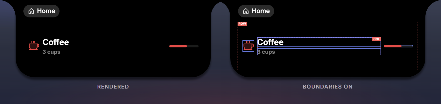 The same coffee card rendered plainly and with boundaries on