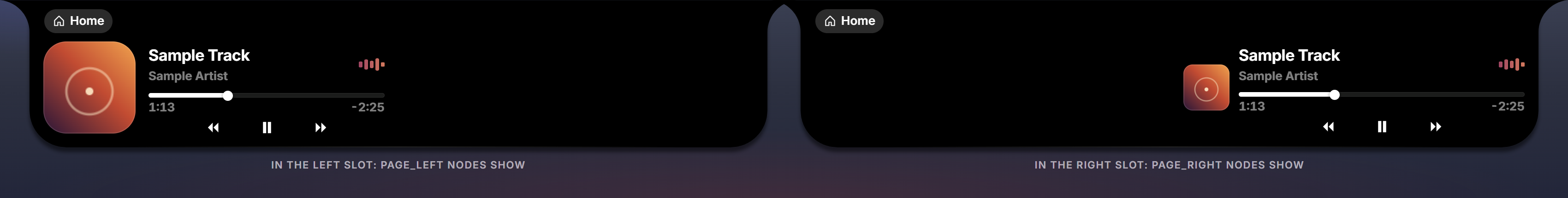 The same widget tree in a left slot and in a right slot A card in a left slot and, separately, in a right slot; the art sits on the outer edge in each