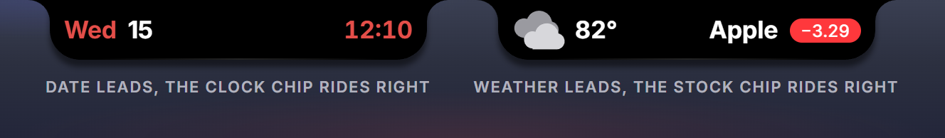 Two dual pills: date leading with a clock chip, weather leading with a stock chip