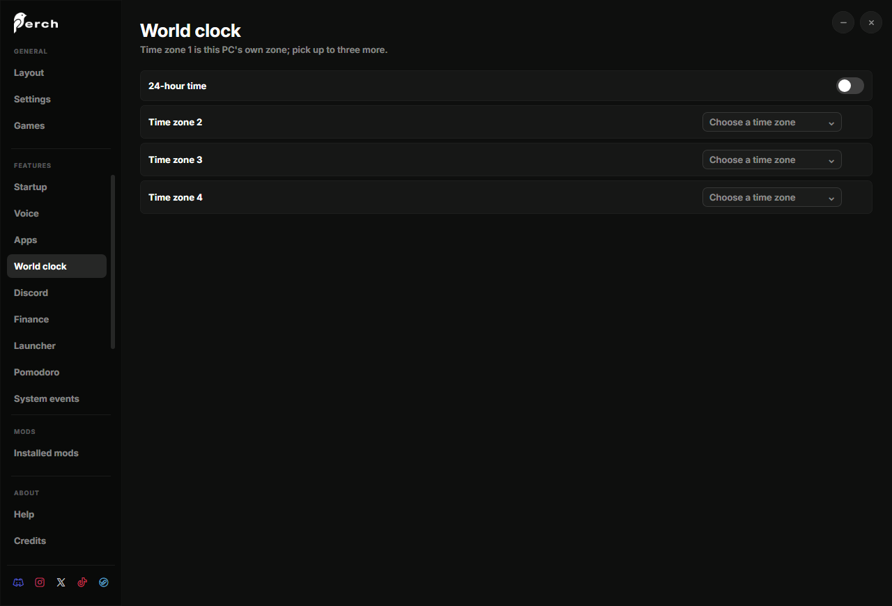 The World clock settings page with three time zone rows