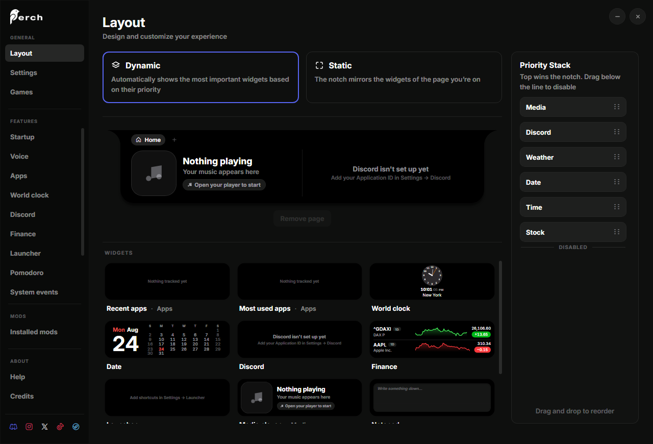 The Layout page with the Priority Stack on the right and the widget gallery below the page preview