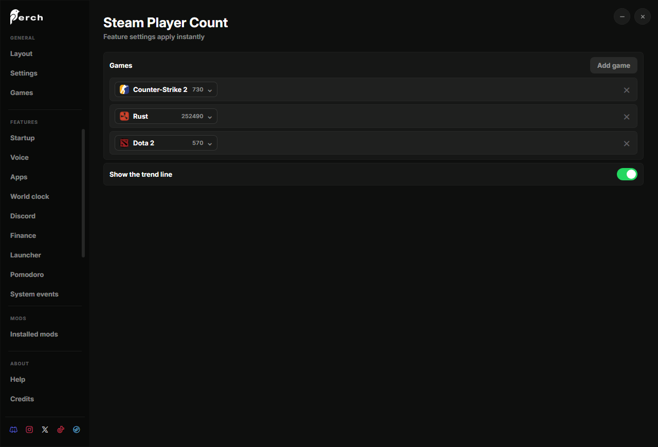A settings list with three games, each becoming a widget