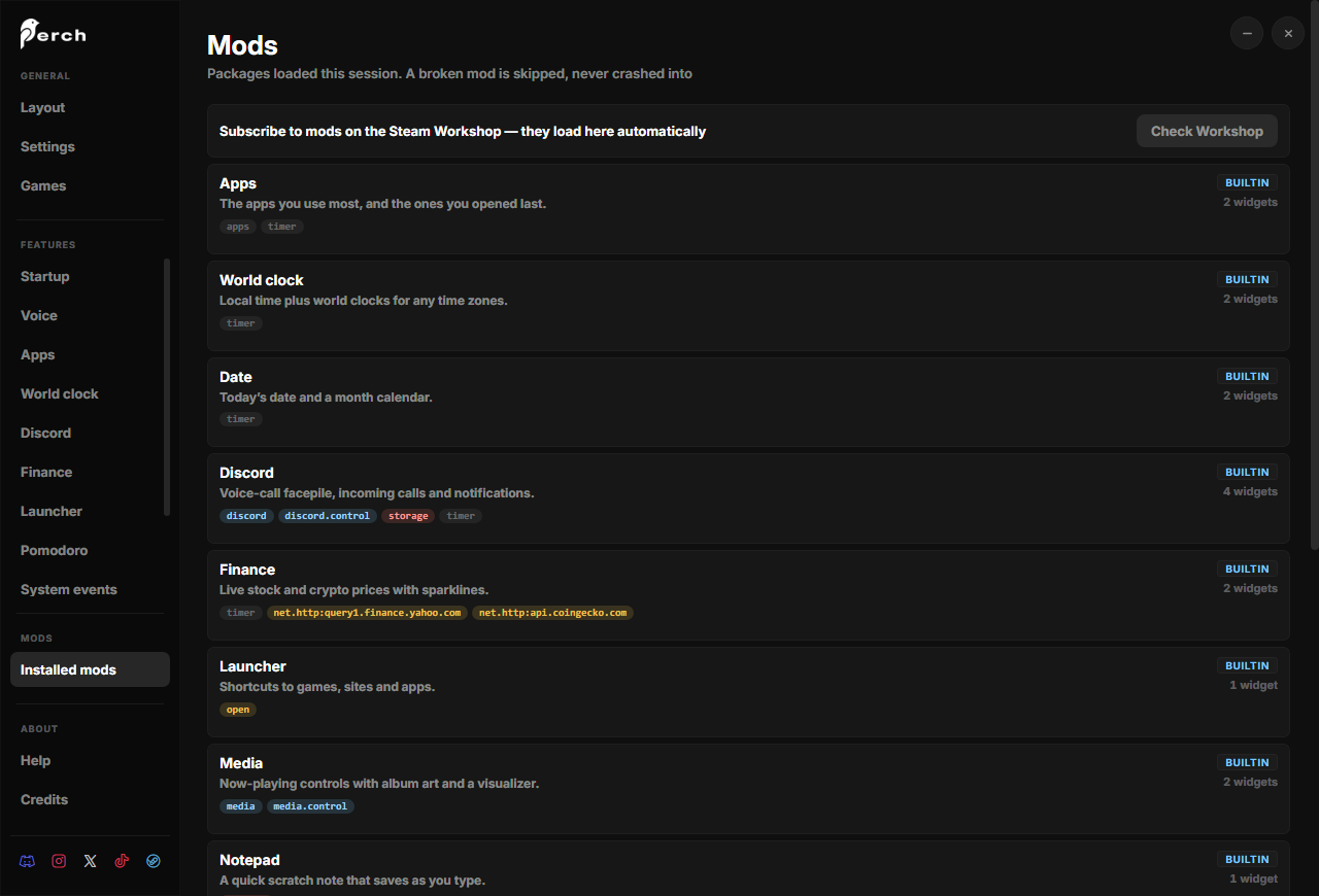 The Installed mods page listing packages with title, description, scopes and widget count