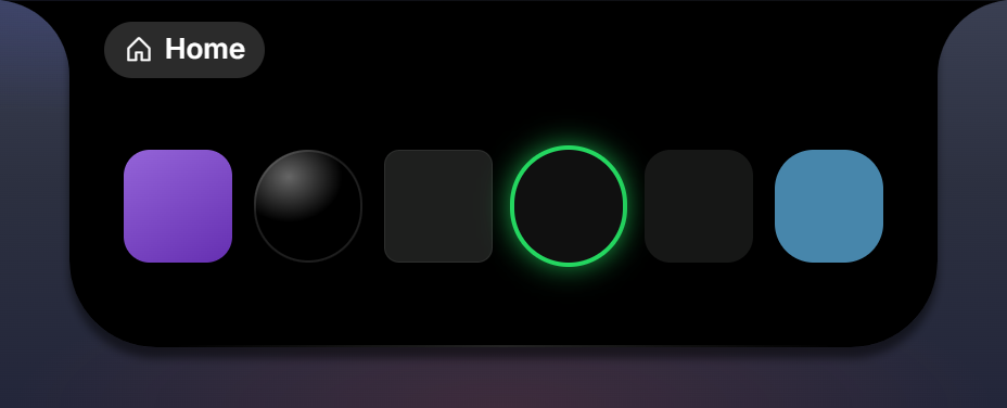 Six boxes: a linear gradient, a radial sheen, a rim, a ring with a glow, a floating shadow, and a palette color