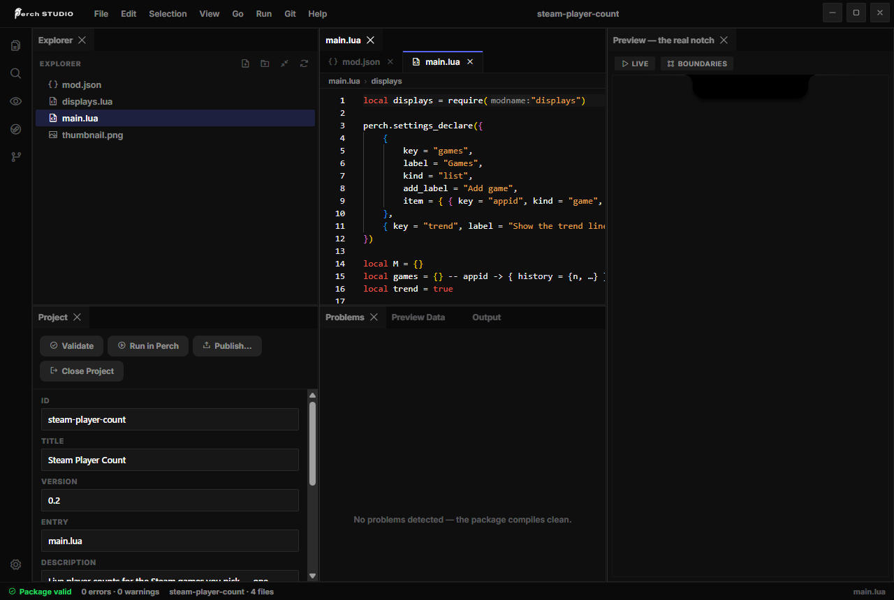 Perch Studio with a package open: the explorer, the editor, the Project panel with Validate, Run in Perch and Publish, and the Problems panel
