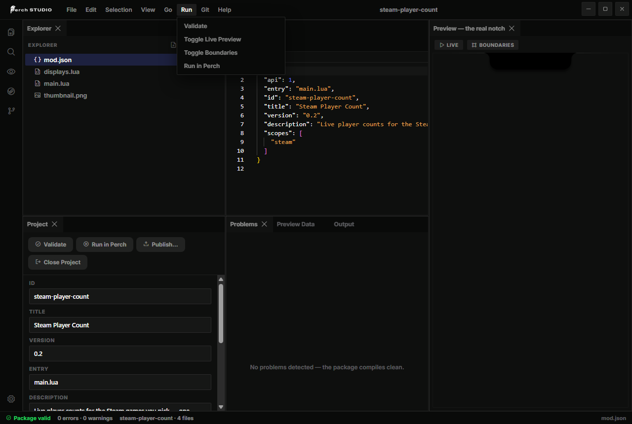 Perch Studio's Run menu: Validate, Toggle Live Preview, Run in Perch