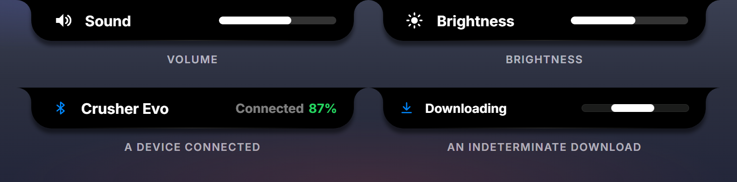 Four of Perch's own transients: volume, brightness, a Bluetooth device connected, an indeterminate download