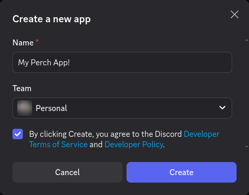 Any name works. Tick the box, click Create. The Discord Create a new app dialog