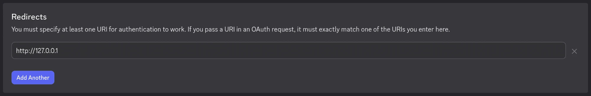 OAuth2 page, Redirects section. Paste the address, then Save Changes. The OAuth2 Redirects section with http://127.0.0.1 entered