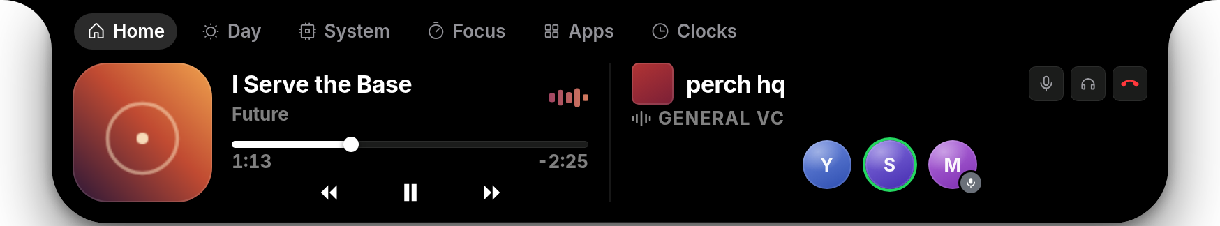 The expanded Perch panel — media and Discord widgets on the Home page