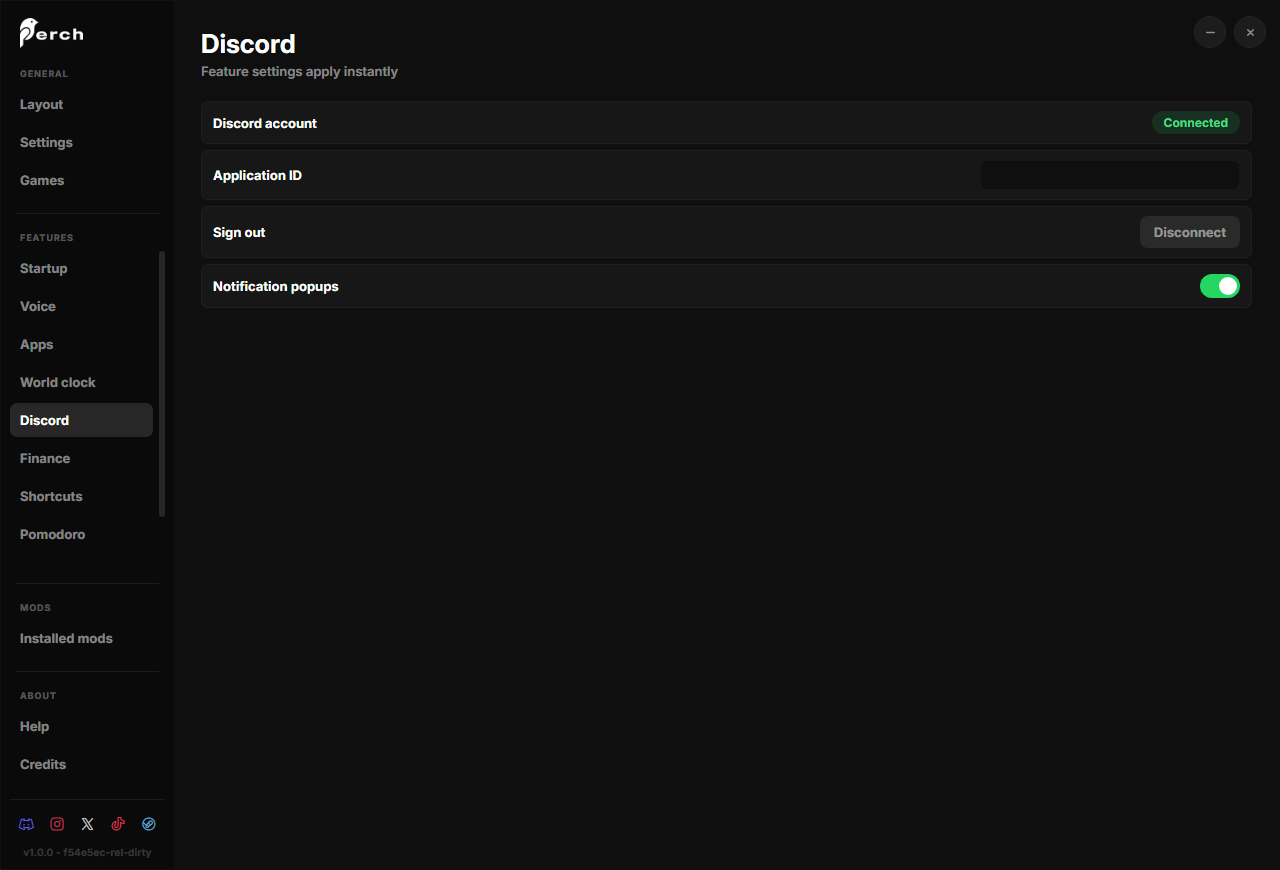 Connected. Calls, speaking rings, mute state and notification popups now work. Perch's Discord settings page showing a connected account
