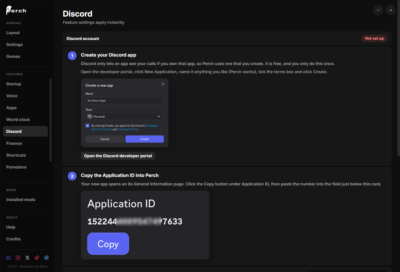 The Discord page in Perch: the steps, with the Application ID field between them Perch's Discord settings page before setup